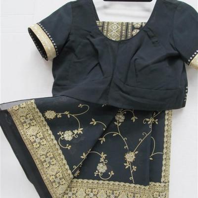 INDIAN SARI SAREE BLACK GOLD BONUS TOP