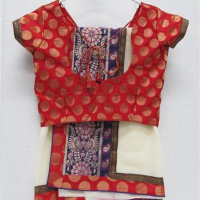 INDIAN SARI SAREE RED & YELLOW WITH CROQUETED BORDER BONUS TOP