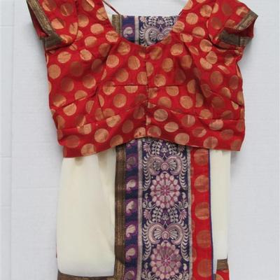 INDIAN SARI SAREE RED & YELLOW WITH CROQUETED BORDER BONUS TOP