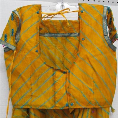 INDIAN SARI SAREE 4 PC YELLOW & BLUE WITH SEQUINS & BELLS BONUS TOP