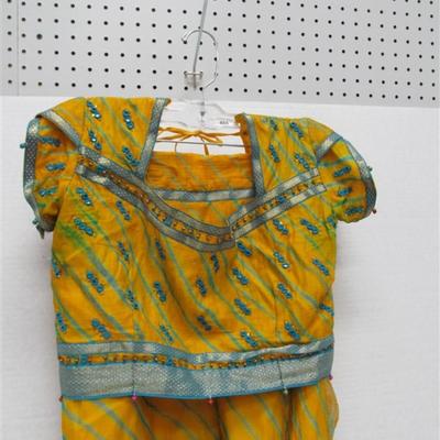 INDIAN SARI SAREE 4 PC YELLOW & BLUE WITH SEQUINS & BELLS BONUS TOP