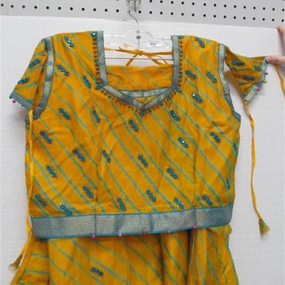 INDIAN SARI SAREE 4 PC YELLOW & BLUE WITH SEQUINS & BELLS BONUS TOP