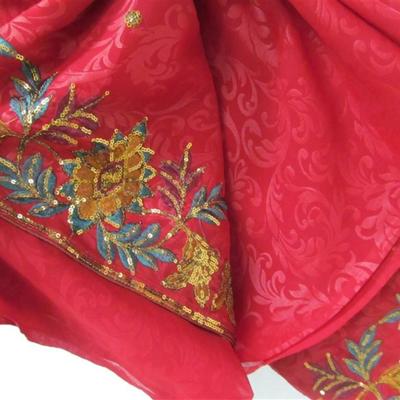 INDIAN SARI SAREE RED WITH TEAL & GOLD SEQUINS BONUS TOP