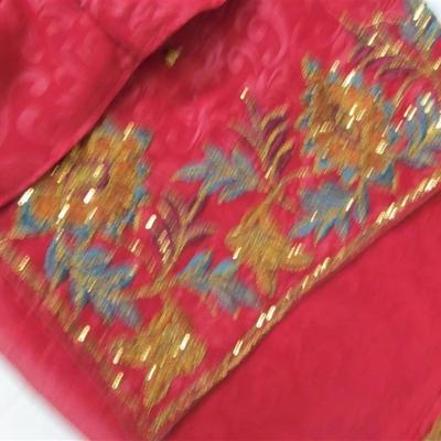 INDIAN SARI SAREE RED WITH TEAL & GOLD SEQUINS BONUS TOP