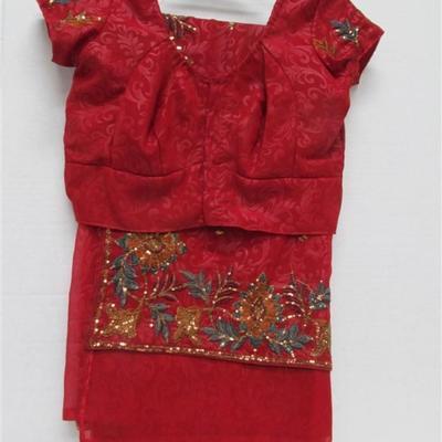 INDIAN SARI SAREE RED WITH TEAL & GOLD SEQUINS BONUS TOP