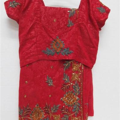 INDIAN SARI SAREE RED WITH TEAL & GOLD SEQUINS BONUS TOP