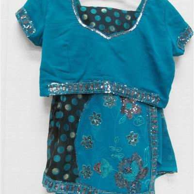 INDIAN SARI SAREE AQUA & BLACK POLKA DOTTED WITH SEQUINED FLOWERS