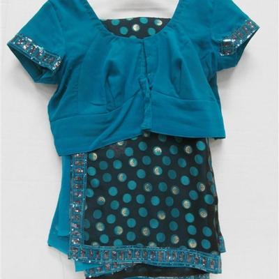 INDIAN SARI SAREE AQUA & BLACK POLKA DOTTED WITH SEQUINED FLOWERS
