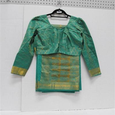 INDIAN SARI SAREE TEAL & GOLD WITH GOLD TRIM BONUS TOP