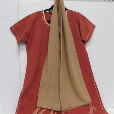 INDIAN SARI TUNIC WITH SCARF 3 PC RUST WITH IVORY TRIM BONUS PANTS