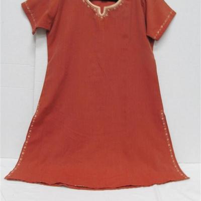 INDIAN SARI TUNIC WITH SCARF 3 PC RUST WITH IVORY TRIM BONUS PANTS