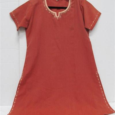 INDIAN SARI TUNIC WITH SCARF 3 PC RUST WITH IVORY TRIM BONUS PANTS