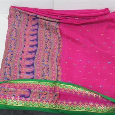 INDIAN SARI SAREE FABRIC FUCHSIA GREEN PURPLE GLITZ