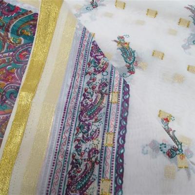 INDIAN SARI SAREE FABRIC WHITE & PAISLEY GOLD TRIM BONUS TOP