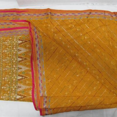 INDIAN SARI SAREE FABRIC MUSTARD & HOT PINK BONUS TOP
