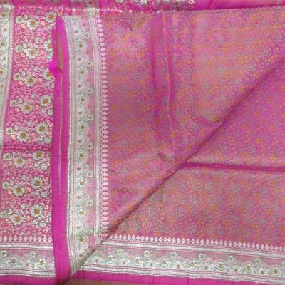 INDIAN SARI SAREE FABRIC GOLD & FUCHSIA