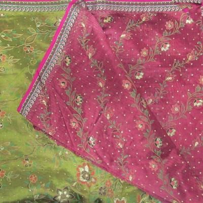 INDIAN SARI SAREE FABRIC MAROON & OLIVE