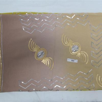 INDIAN SARI SAREE FABRIC BEIGE & GOLD & SILVER