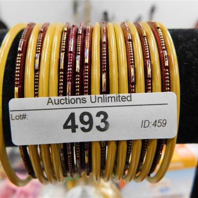 493 LOT OF 20 MAROON & YELLOW BANGLE BRACELETS