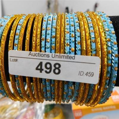 498 LOT OF 24 TEAL & GOLD BANGLE BRACELETS