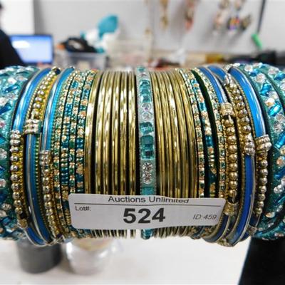 524 LOT OF 29 TEAL & GOLD BANGLE BRACELETS