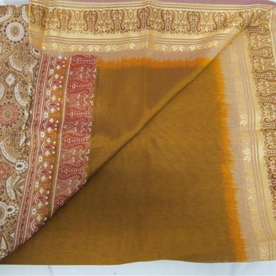 INDIAN SARI SAREE FABRIC BROWN & GOLD