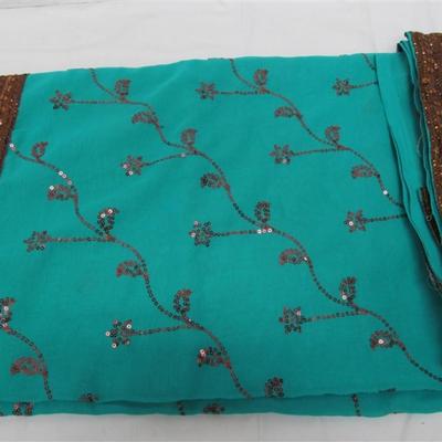 INDIAN SARI SAREE FABRIC TEAL & CHOCOLATE WITH SEQUINS