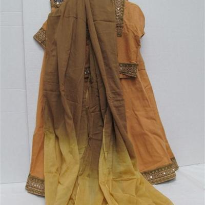 INDIAN SARI SAREE 3 PC TAN WITH MIRRORS SCARF & SKIRT