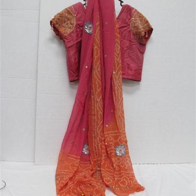 INDIAN SARI SAREE 3 PC. ROSE & ORANGE WITH RHINESTONES & SEQUINS SCARF TOP SKIRT