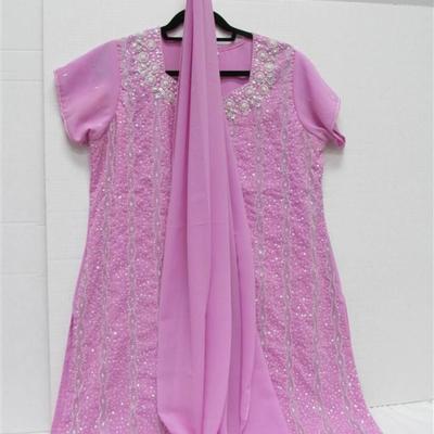 INDIAN TUNIC 3 PC. LIGHT PINK WITH RHINESTONES & SEQUINS TUNIC SCARF PANTS