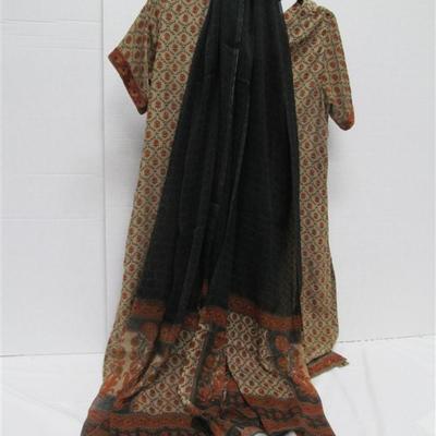 INDIAN TUNIC 3 PC. BLACK & TAN TUNIC SCARF PANTS