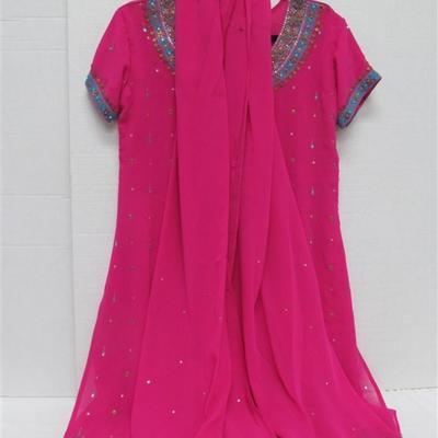 INDIAN TUNIC 3 PC. FUSCHIA WITH SEQUINS TUNIC SCARF PANTS