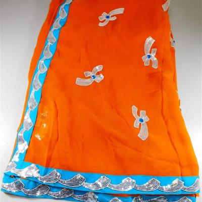 INDIAN SARI SAREE FABRIC ORANGE AND BLUE WITH SILVER ACCENTS