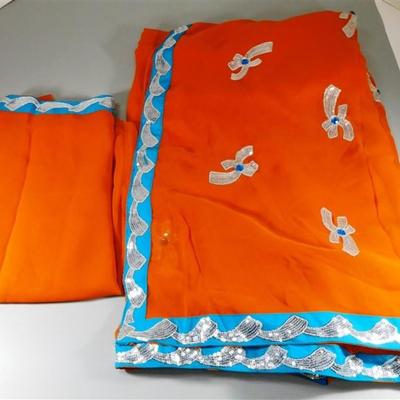 INDIAN SARI SAREE FABRIC ORANGE AND BLUE WITH SILVER ACCENTS