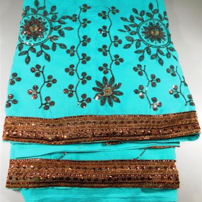 INDIAN SARI SAREE FABRIC TEAL AND BROWN SEQUINS