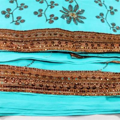 INDIAN SARI SAREE FABRIC TEAL AND BROWN SEQUINS