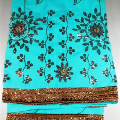 INDIAN SARI SAREE FABRIC TEAL AND BROWN SEQUINS