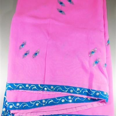 INDIAN SARI SAREE FABRIC PINK AND TEAL WITH SILVER SEQUINS