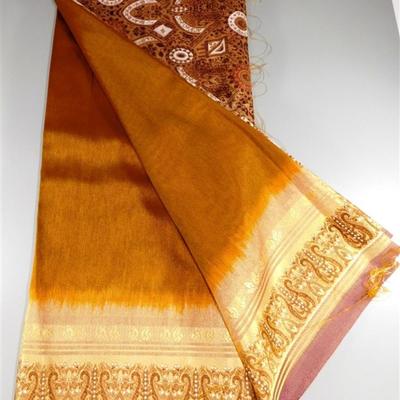 INDIAN SARI SAREE FABRIC BROWN AND GOLD