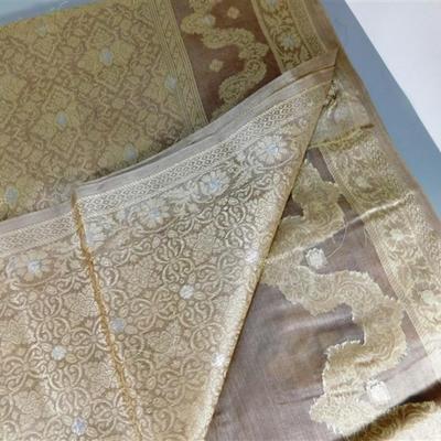 INDIAN SARI SAREE FABRIC TAN AND GOLD
