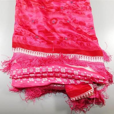 INDIAN SARI SAREE FABRIC DARK PINK AND TAN WITH SMALL MIRRORS