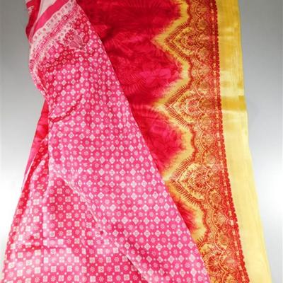 INDIAN SARI SAREE FABRIC DARK PINK AND TAN WITH SMALL MIRRORS