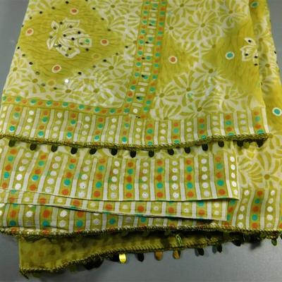 INDIAN SARI SAREE FABRIC NEON GREEN AND BLUE WITH MIRRORS