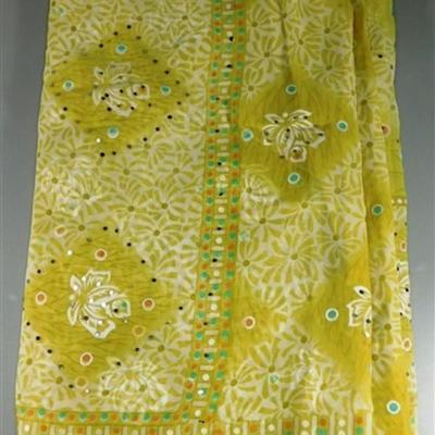 INDIAN SARI SAREE FABRIC NEON GREEN AND BLUE WITH MIRRORS