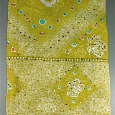 INDIAN SARI SAREE FABRIC NEON GREEN AND BLUE WITH MIRRORS