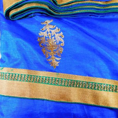 INDIAN SARI SAREE FABRIC GREEN AND BLUE WITH GOLD ACCENTS