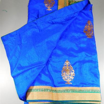 INDIAN SARI SAREE FABRIC GREEN AND BLUE WITH GOLD ACCENTS