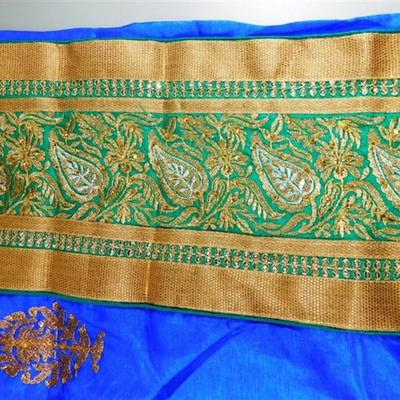 INDIAN SARI SAREE FABRIC GREEN AND BLUE WITH GOLD ACCENTS