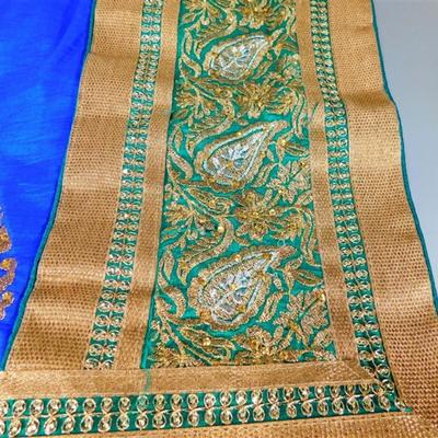 INDIAN SARI SAREE FABRIC GREEN AND BLUE WITH GOLD ACCENTS