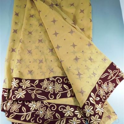INDIAN SARI SAREE FABRIC TAN AND MAROON